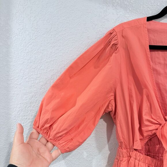 The Drop Tie Front Puff Sleeve Midi Dress Orange Cutout Waist Size XL Cotton - Picture 4 of 10